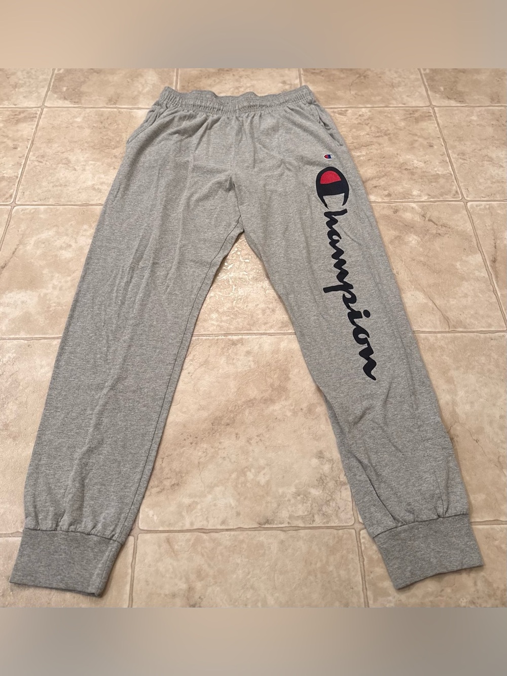 Champion Light Gray Joggers with Navy & Red Logo Script